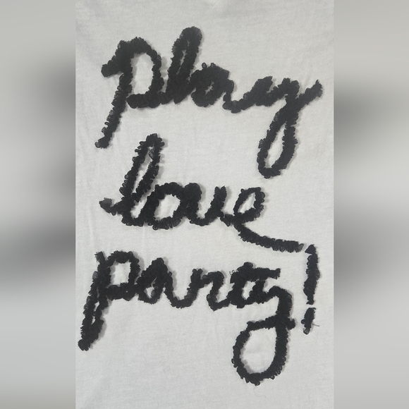 Express White Graphic Tee with Black Ruffle Chiffon Text Size Medium - Picture 3 of 5